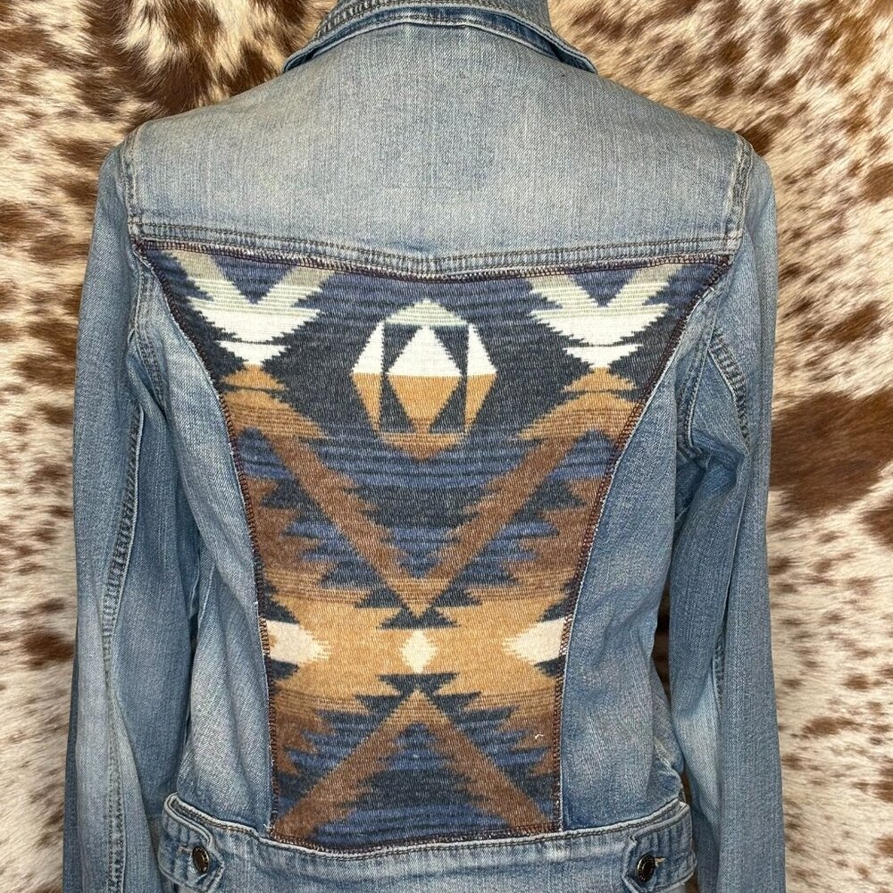Upcycled one-of-a-kind western jean jacket with blue Aztec wool. Handmade -M